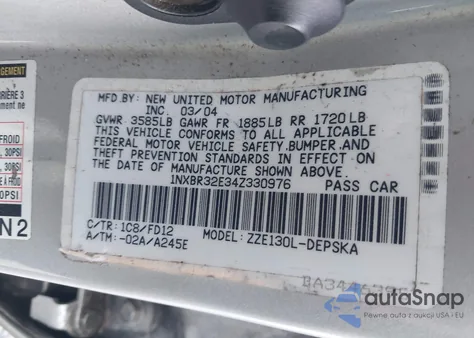 2004 Toyota Corolla S z USA, uszkodzony, nr VIN 1NXBR32E34Z330976